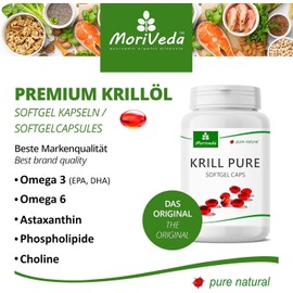 MoriVeda Pure Antarctic Krill Oil Capsules 500 mg Pack of 90 with Omega 3, EPA, DHA, Astaxanthin and Choline, Soft Gel Capsules