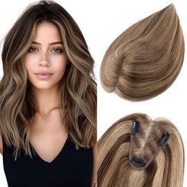 TESS Hair Topper Human Hair,Hair Topper Lace Base 8 * 10 CM Hair Extenstions Hair Peices for Women(#4P27 Medium brown＆Dark blonde,10inch)