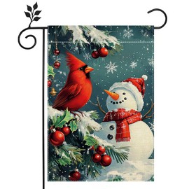 Winter Snowman Snowflake Christmas Garden Flag for Outside, Cardinal Red Bird Welcome Yard Flag 12x18 Inch Double Sided Burlap Holiday Farmhouse Outdoor Flag Home Decoration