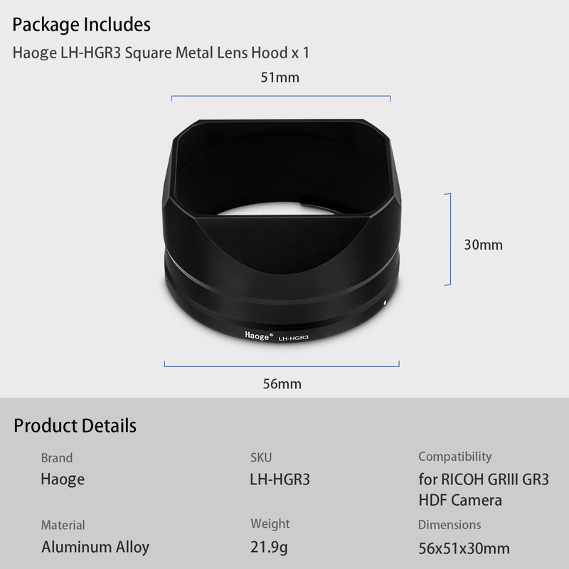 Haoge Square Metal Lens Hood for RICOH GRIII GR3 HDF