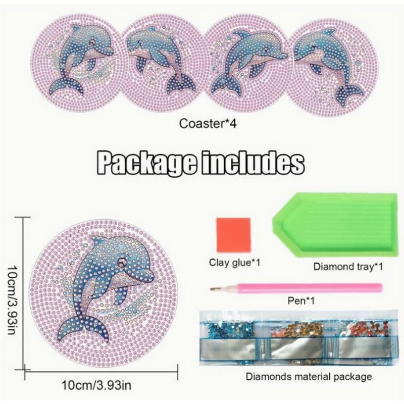 5D Diamond Art Dolphin Coasters, DIY Diamond Coaster Set for