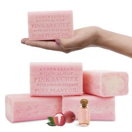 Australian Botanical Soap, Pink Lychee with Pawpaw Extract 6.6 oz. (187 g) Soap Bars | Natural Soap Base | All Skin Types | Women & Men | Shea Butter Enriched Bar Soap - Pack of 4