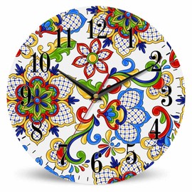 Mxocom Mexican Flowers Wall Clock Ethnic Tribal Talavera Ceramic Pattern 10 Inch Silent Non Ticking Battery Operated Clock Vintage Round Clock for Living Room Bedroom Bathroom Office Decor