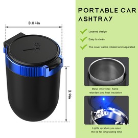 MUQIDA Car Ashtray with Lid, Auto Portable Stainless Steel Smokeless Ash Tray with LED Light, Detachable Windproof Ashtray Mini Trash Can for Most Car Cup Holder Home Office (Blue)