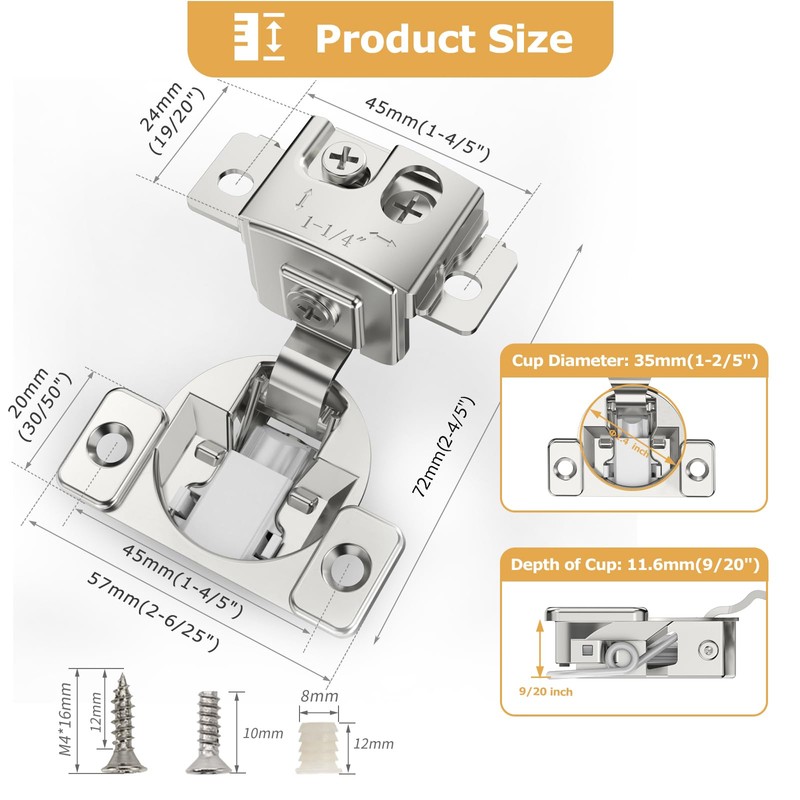 Furniware 20 Pieces 1-1/4 in Overlay Soft Close Concealed Hinge