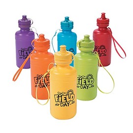 Fun Express Set of 12 Pieces Field Day Water Bottles, BPA Free Plastic, Each Holds 12 oz and Includes Carrying Strap, Classroom, PE and Teacher Supplies, Multi-Color