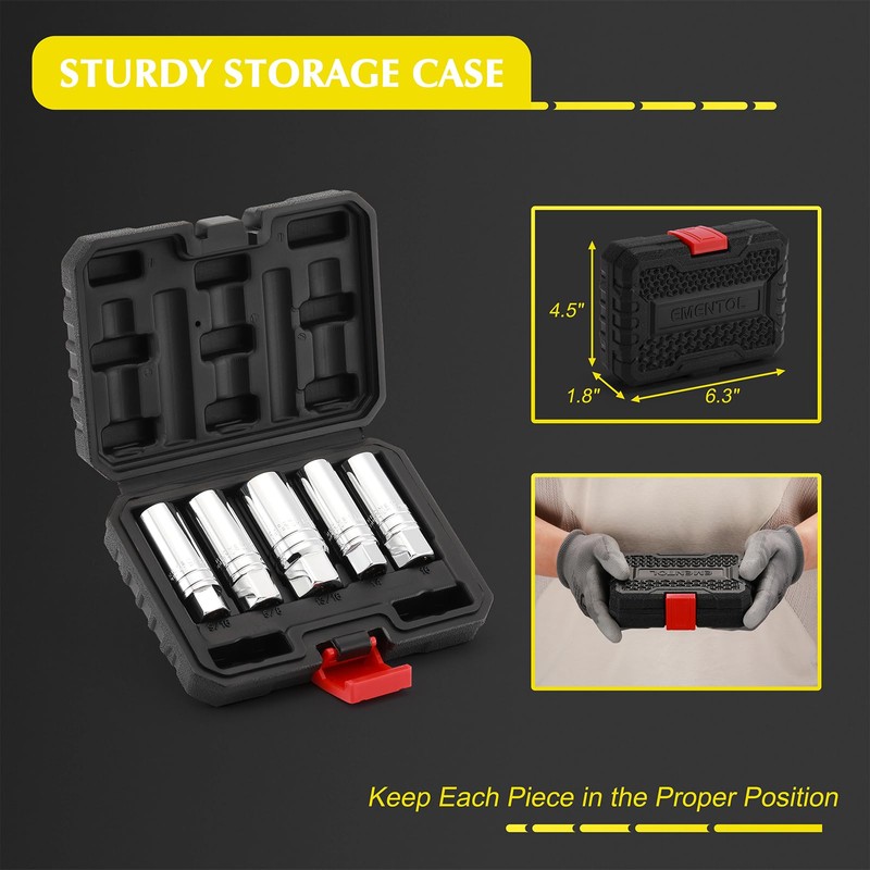 EMENTOL 5PCS 3/8" Drive Magnetic Spark Plug Socket Set, CR-V,