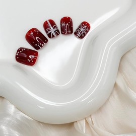 RIICFDD Christmas Press on Nails Short Fake Nails Square False Nails Snowflake Glue on Nails Bow Stick on Nails Full Cover Wine Red Glitter Acrylic Nails for Women Nail Art Decor 24 Pcs
