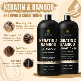 INFINA ESSENTIALS Keratin Shampoo and Conditioner Set | Frizz Control & Smoothing with Batana Oil & Bamboo Extract | Sulfate-Free | Men & Women | 16 fl oz Each