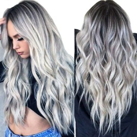 Darklove Peluca Larga De Mujer Color Gris Degradado Pelo Ola Natural