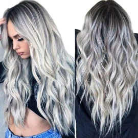 Darklove Peluca Larga De Mujer Color Gris Degradado Pelo Ola Natural