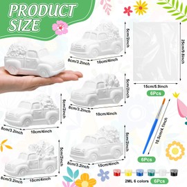 JellyArch 6 Set Spring DIY Painting Kit Ceramic 3D Ceramic Truck with Flowers to Paint Your Own Truck with Daisy Sunflower Tulip Statues Unpainted Plaster Craft with Brush Paint Bag for Adult