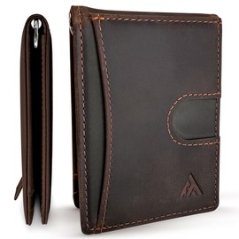 Atlas Trace Minimalist wallet for men slim front pocket wallet with money clip combo bifold leather wallet with pull tab credit card holder RFID blocking (Hybrid, Brown)