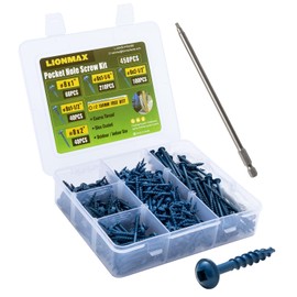 LIONMAX Pocket Hole Screws Assortment Kit, 450 PCS in 5 Sizes, 8 x 1, 1-1/4", 1-1/2", 2", 2-1/2", Blue Anti-Rust Coated Pocket Hole Screws for Exterior, Square Drive, 150MM Drive Bit Included