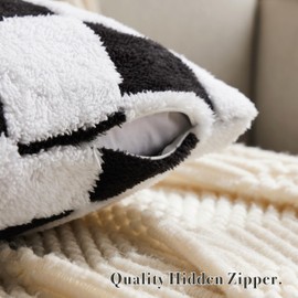 Ohocut Checkered Jacquard Shag Throw Pillow Covers, Pack of 2 Fluffy Black White Cute Decorative Aesthetic Soft Checkered Throw Pillow Cases for Couch Sofa Bedroom,18x18 Inch