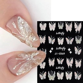 3Sheets Butterfly Nail Stickers 5D Embossed Aurora Pink Butterfly Nail Decals Holographic Nude Glitter Butterflies French Nail Designs for Women Girls Japanese Manicure Accessories DIY Nail Supplies