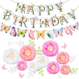 Fullhawl 24 Pcs Flower Birthday Banners Wildflower Spring Decorations Include Floral and Butterflies Birthday Letters and Paper Flowers with Butterfly and Leaves for Spring Garden Party Decorations