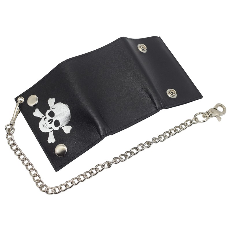 Mens Wallets Black Trifold RFID Protection Real Leather Skull Biker