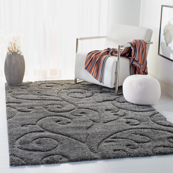 SAFAVIEH Florida Shag Collection SG455 Scrolling Vine Graceful Swirl Textured Non-Shedding Living Room Bedroom Dining Room Entryway Plush 1.2-inch Thick Area Rug, 3'3" x 5'3", Grey