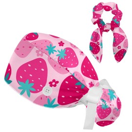 Lyetny Adjustable Flowers Strawberry Working Cap with Bow Hair Matching Scrunchy, Ponytail Pouch, Sweatband for Women, One Size