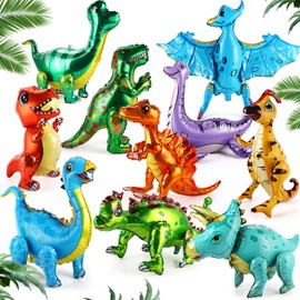 Foilswirl 10 Pcs Giant Dinosaur Balloons 4D Dino Aluminum Foil Balloons Self Standing Dino Balloons Dinosaur Birthday Decorations Inflatable Dinosaur Balloons for Jungle Theme Party(Multicolored)
