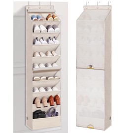 STORAGE MANIAC Over the Door Shoe Organizer with Curtain Dustproof Heavy-Duty Large Deep Pocket Hanging Shoe Organizer for Closet Dorm & Narrow Door Storage Shoe Holder Shoe Rack, 9-Shelf Beige 1 Pack