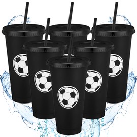 Domensi 6 Pcs Sport Soccer Plastic Tumbler with Lid and Straw 24oz Reusable Plastic Cups Gift for Fan Friend Guest Birthday Office Sport Party Supplies