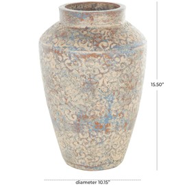 Deco 79 Ceramic Scroll Decorative Vase Antique Style Centerpiece Vase with Blue and Copper Accents, Flower Vase for Home Decoration 10" x 10" x 16", Beige