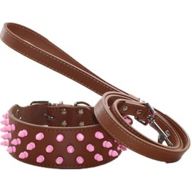 haoyueer 2 inch in Width Leather Pink Spiked Studded Dog Collar & Leash 2Pcs Matching Set Fit Medium & Large Dogs Pitbull Husky Mastiff Terrier(Brown,M)