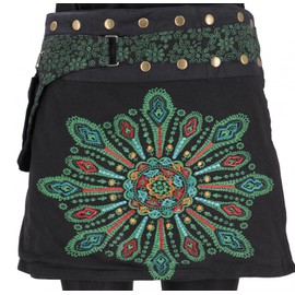 GURU SHOP Wrap Skirt, Embroidered Short Goa Skirt, Cacheur - Black/Green, Women, Black/green, Unit size