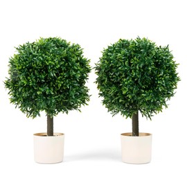 Premium 16" Diameter Artificial Japanese Boxwood Topiary – Set of 2 Faux Plants in Beige Decorative Planters – Realistic, UV-Resistant, Weatherproof Outdoor & Indoor Décor
