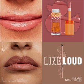 NYX Professional Makeup Combo: Delineador de labios Line Loud Lip Liner, Tono Global Citizen + Brillo de labios voluminizador y ultra pigmentado Duck Plump, Tono Nude Swings - 2 piezas