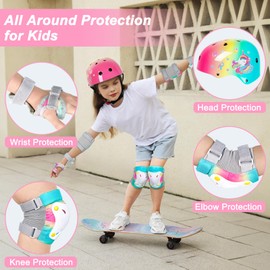 MHJY Kids Helmet and Pads Set with DIY Stickers Girls Bike Helmet Age 3-8 Years Unicorn Knee and Elbow Pads Adjustable Protective Gear for Children Cycle, Skateboard Scooter, Roller Skates
