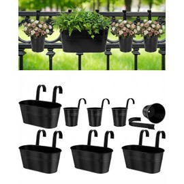 4 Pcs 10.8” Metal Railing Planter for Outdoor Plants – 4 Pcs 3.9” Balcony Hanging Flower Pots with Detachable Hooks, Drainage Holes, Oval Bucket Rail Box Fence Planters for Home Garden Décor, Black