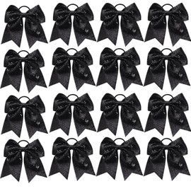 16 PCS Large Glitter Black Cheer Hair Bows, Shiny Cheerleading Bows Ponytail Holder for Cheerleader Girls Softball Sports and Christmas Tree Decor (Black)