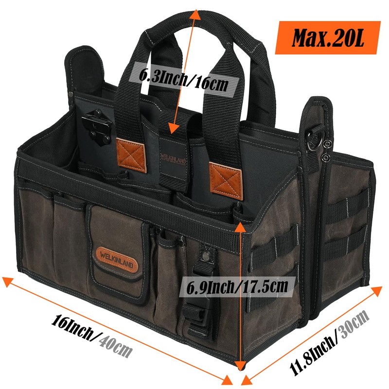 WELKINLAND 20-Pockets Electrician Tool Tote, 16"-Wide Open Top Tool Tote,