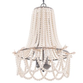 Wood Beaded Chandelier 3-Light Bohemia Pendant Light Fixture Farmhouse Round Hanging Chandelier White Beads with Black Chain for Bedroomn Dining Room Foyer