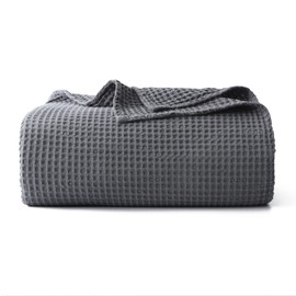 100% Cotton Waffle Blanket (Charcoal - Queen Size - 90 * 90''), Pre-Washed and Anti-Shrinkage Soft Lightweight Bed & Couch Blanket, 380 GSM Waffle Weave Throw Blanket for All Seasons