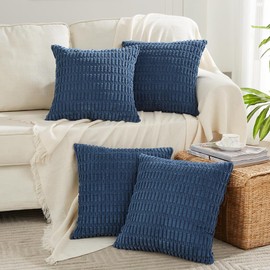 FDTERN Set of 4 Boho Cushion Covers, 45 x 45 cm, Blue Plain Fluffy Corduroy Cushion Cover, Decorative Cushion Cover, Sofa Cushion, Decorative Cushion Cover for Sofa, Bedroom, Living Room, Balcony