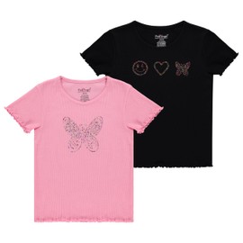 Pink Angel Girls’ 2-Pack Ribbed Tees – Sparkly Rhinestone Graphic T-Shirts – Soft, Stretchy, and Stylish Everyday Tops - Black Pink