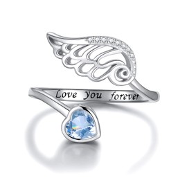 Birthstone Wing Rings Sterling Silver Adjustable Feather Heart Month Stone Wrap Ring Jewelry Gift for Women Girls Engrave Love you forever (Mar)