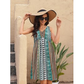 ETCYY Summer Dresses for Women 2025 Vacation Sleeveless Ruffle Beach Mini Dress Button Tank V Neck Floral Leaf Sundresses,Striped Stone,X-Large