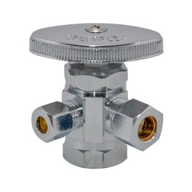 Eastman Multi-Turn Dual Outlet 3-Way Shut-Off Valve, 1/2 Inch FIP x 3/8 Inch OD Compression x 1/4 Inch OD Compression, Chrome Plated, 04320LF