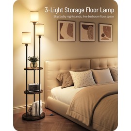 AZADESJET Floor Lamp with Shelves, 3-Light Floor Lamps for Living Room, Modern Standing Lamp with Linen Shades and Foot Switch, 66.1'' Tall Corner Lamp for Bedroom, Office, E26 Base, Walnut and Beige