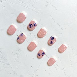 Christmas Press on Nails Short Square Fake Nails with Blue Snowflakes Designs White French Tip Glue on Nails Winter Xmas Full Cover Acrylic Nails Christmas False Nails for Women Girls 24Pcs