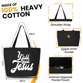 shop4ever® Y'all Need Jesus Funny Christian Heavy Canvas Tote with Zipper Reusable Shopping Bag 12 oz Black 1 Pack
