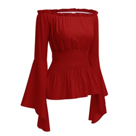 IBTOM CASTLE Women's Renaissance Clothing Medieval Off Shoulder Trumpet Sleeves Ruffle Top Gothic Clothing Steampunk Long Sleeve Corset Tops Party Dress, red