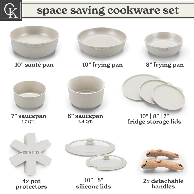 Country Kitchen Cookware Set with Removable Handle, Oven & RV