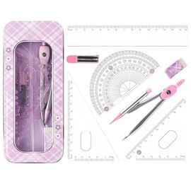 WUSJCOF Geometry Set with Compass and Set Square for Primary and Secondary School, Complete Set with Ruler, Protractor, School Supplies for Students (Pink)