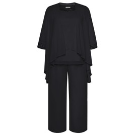 Hanna Nikole Women's Large Sizes Chiffon Evening Suit Sets Cocktail Party Festive Elegant 3-Piece Set Round Neck 3/4 Sleeves and High Waist Trouser Suit, black